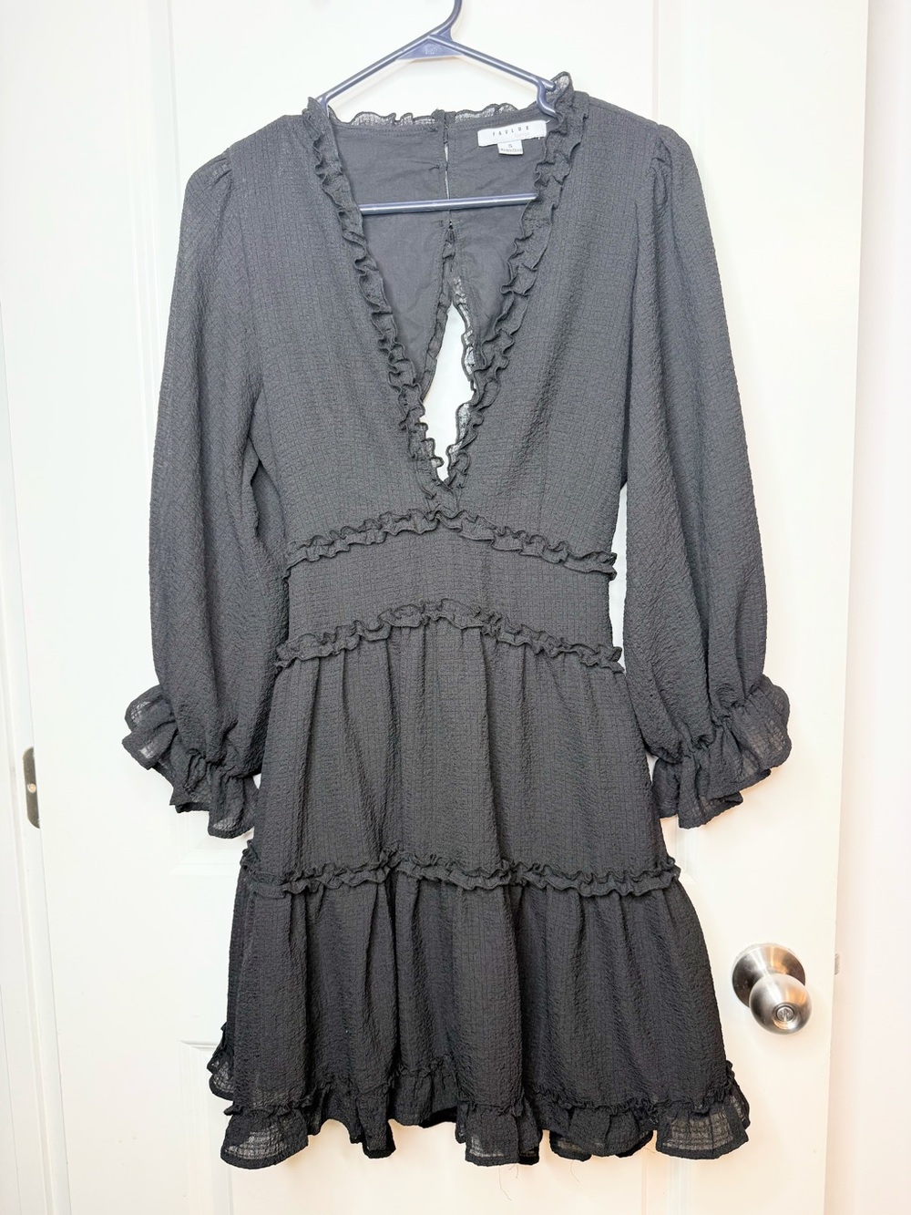 Favlux Black Ruffle Mini Dress Small Open Back Boho Cottagecore Tiered Puff